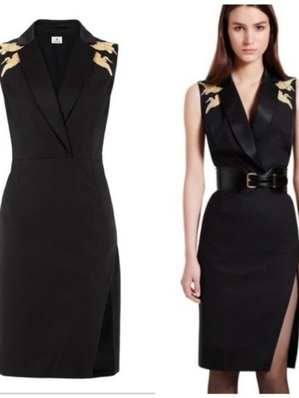 Altuzarra Black Sleeveless Tuxedo Sheath Dress Embroidered W/Gold Cranes Size 12